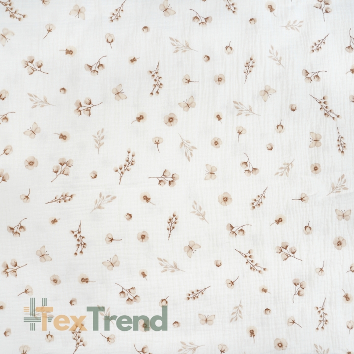 Muslin Double Gauze mit bedruckten Baumwollblumen und Schmetterlingen in Beige