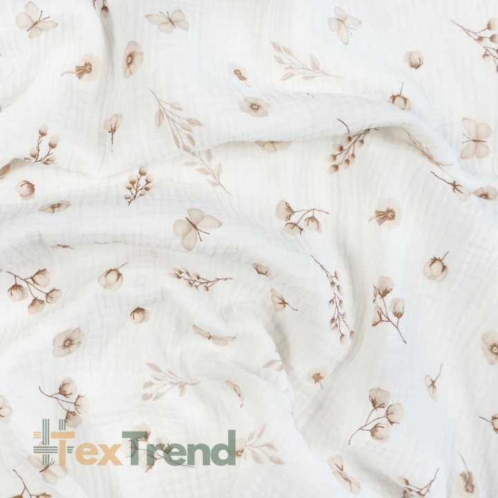 Muslin Double Gauze mit bedruckten Baumwollblumen und Schmetterlingen in Beige