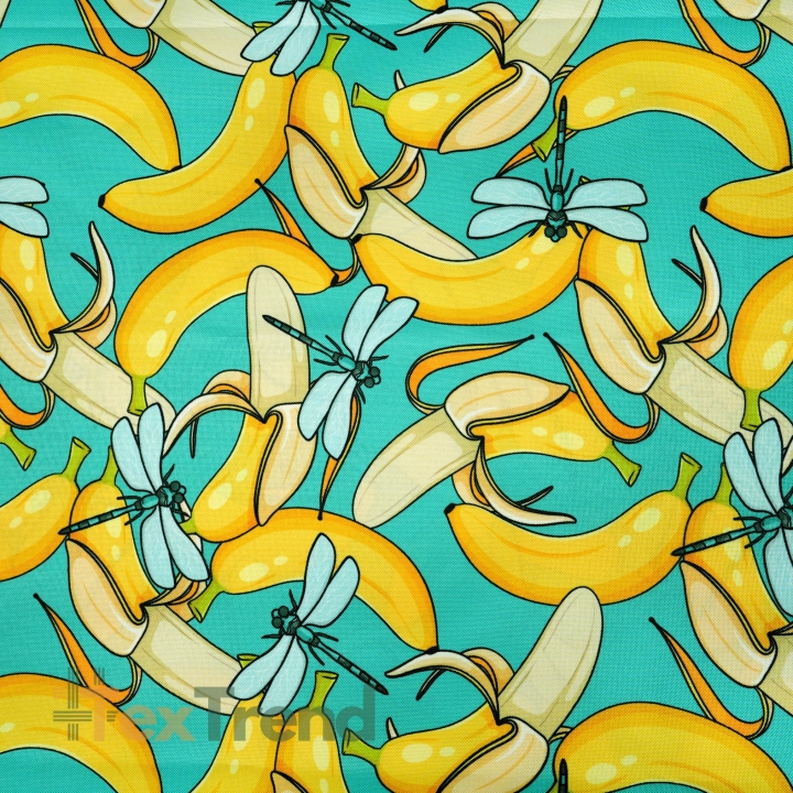 Cordura Stoff / Oxford Stoff – wasserdicht – Bananen und Libellen auf türkisfarbenem Hintergrund