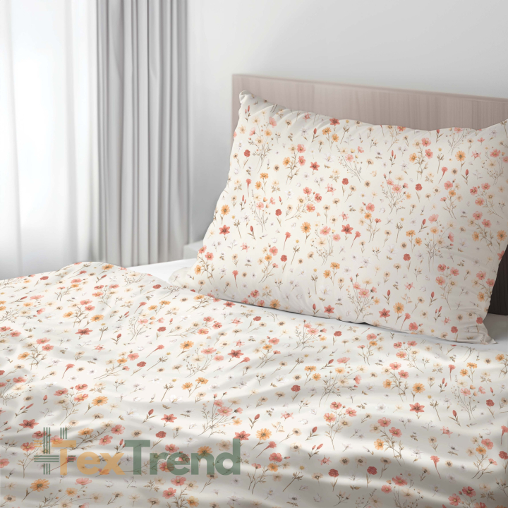 100% Baumwolle mit roten Blumen und Kamille auf ecrufarbenem Hintergrund