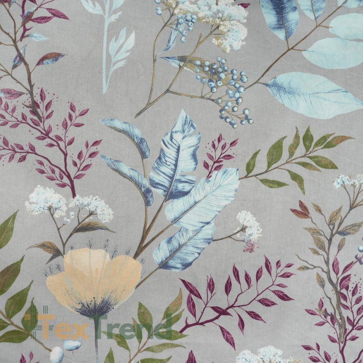 100% Baumwolle mit Mohn- und Dillblumen auf grauem Hintergrund