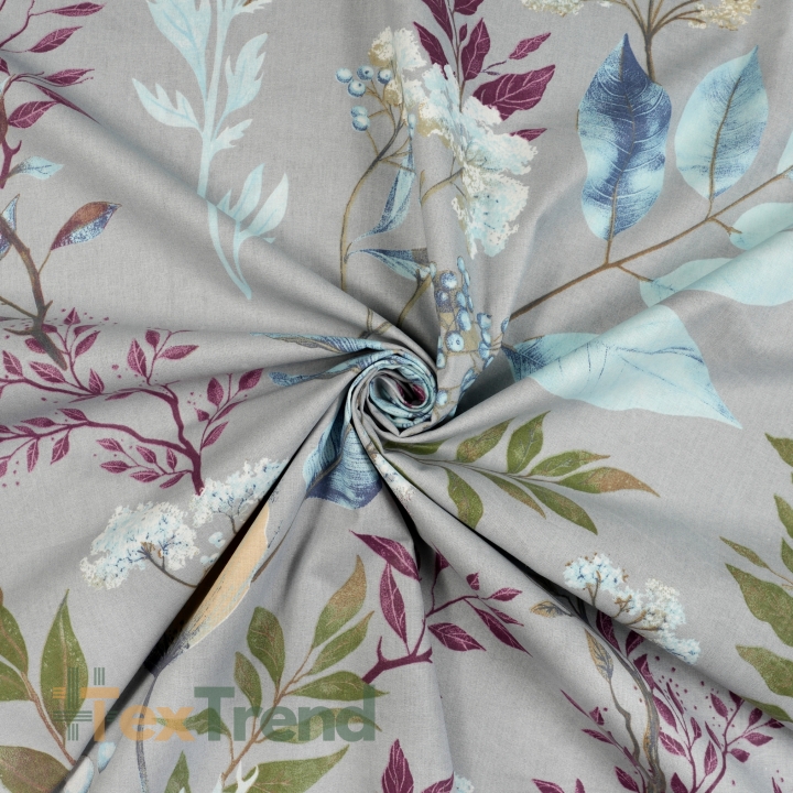 100% Baumwolle mit Mohn- und Dillblumen auf grauem Hintergrund