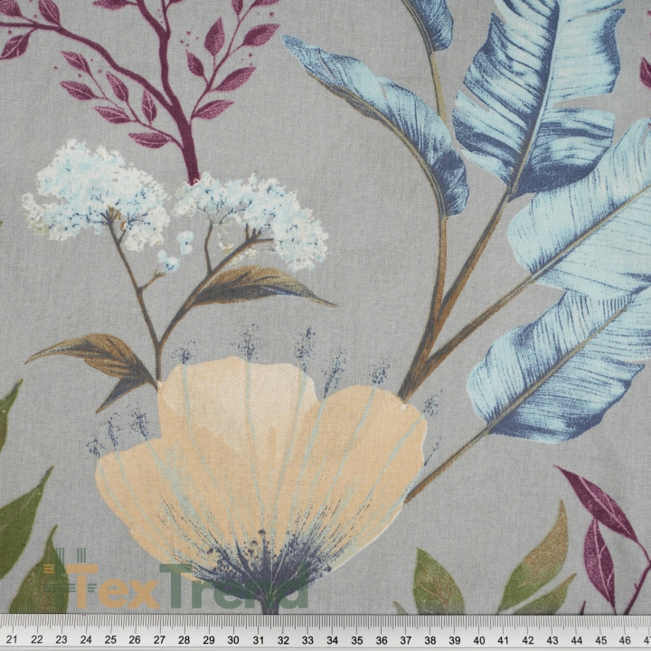 100% Baumwolle mit Mohn- und Dillblumen auf grauem Hintergrund