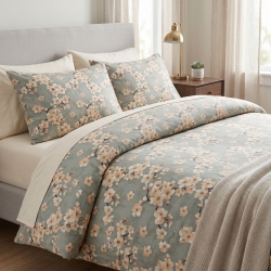 100% Baumwolle Kirschblüte Beige auf salbeifarbenem Hintergrund