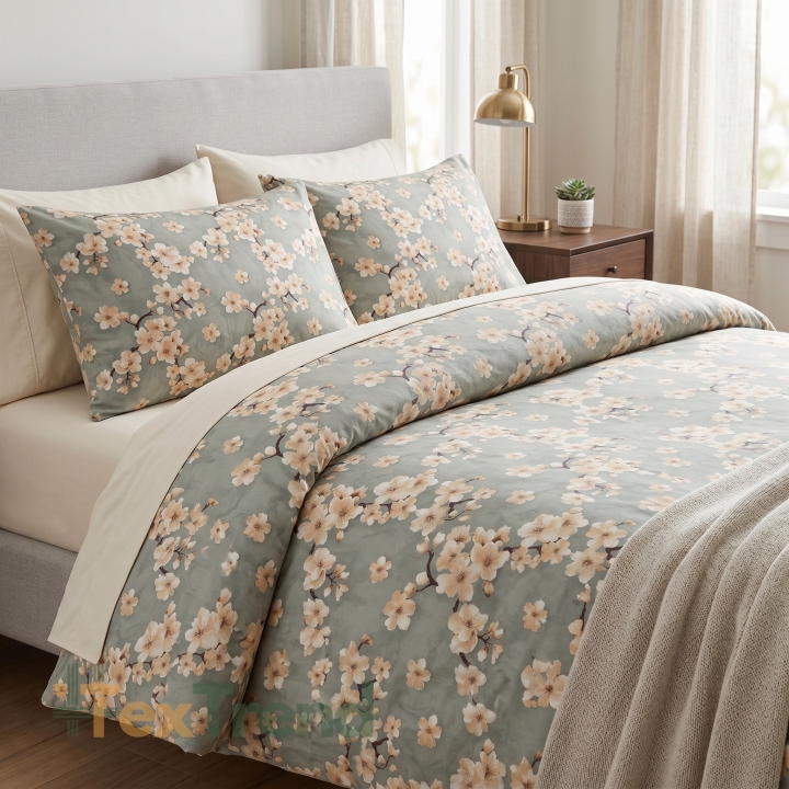 100% Baumwolle Kirschblüte Beige auf salbeifarbenem Hintergrund
