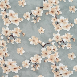 100% Baumwolle Kirschblüte Beige auf salbeifarbenem Hintergrund