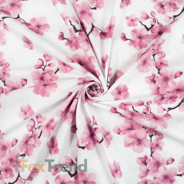 100% Baumwolle Kirschblüte Rosa auf weißem Hintergrund