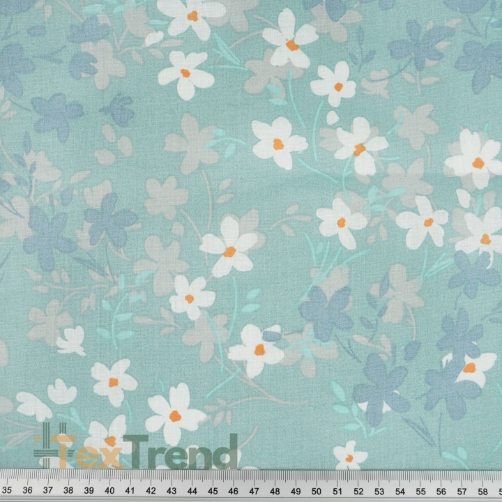 100% Baumwolle mit blauen und weißen Blumen auf salbeifarbenem Hintergrund