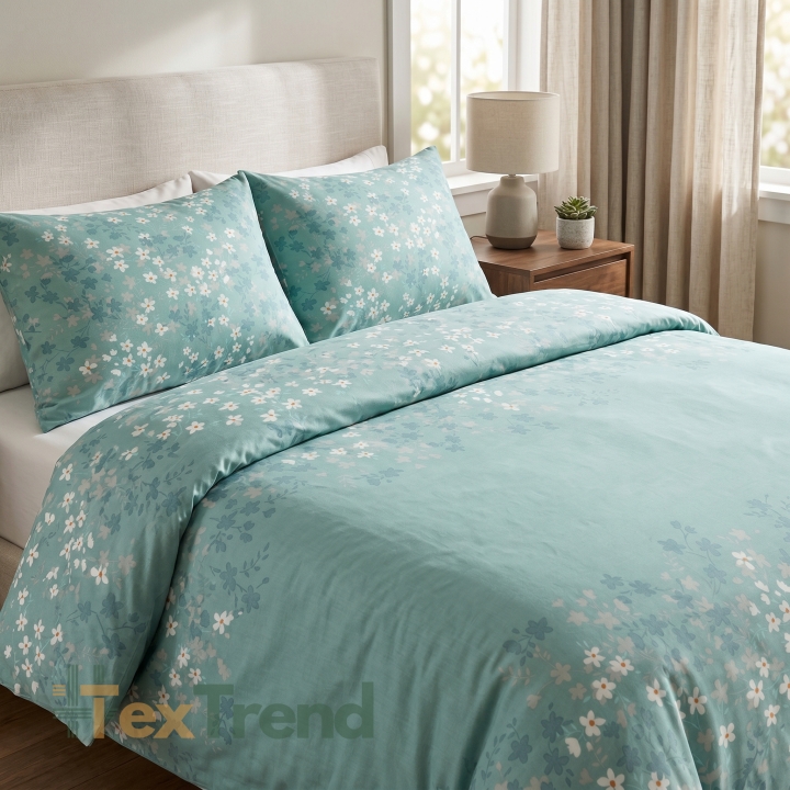 100% Baumwolle mit blauen und weißen Blumen auf salbeifarbenem Hintergrund