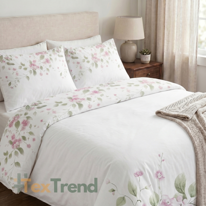 100% Baumwolle mit blassrosa Blumen und Blättern auf weißem Hintergrund