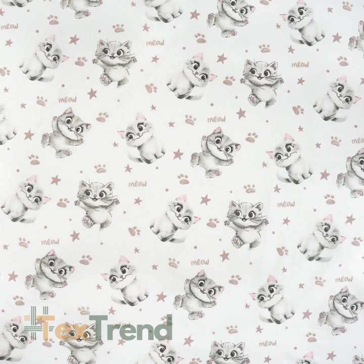 100% Baumwolle Katzen Meow beige-grau auf weißem Hintergrund