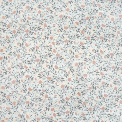 100% Baumwolle mit beige-salbeifarbenen Zweigen auf weißem Hintergrund