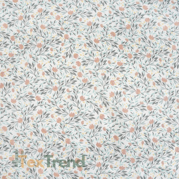 100% Baumwolle mit beige-salbeifarbenen Zweigen auf weißem Hintergrund