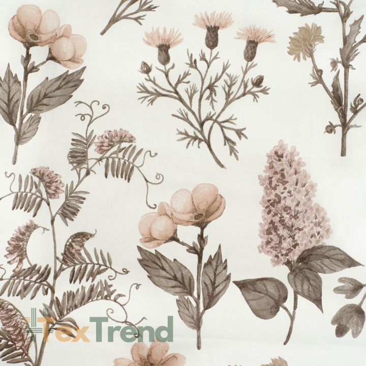 100% Baumwolle mit braunen Blumen auf ecrufarbenem Hintergrund
