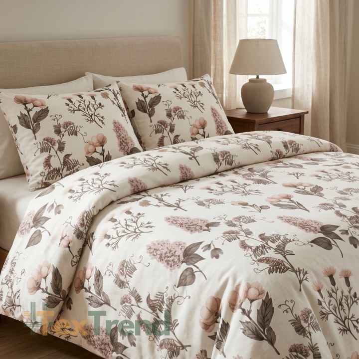 100% Baumwolle mit braunen Blumen auf ecrufarbenem Hintergrund