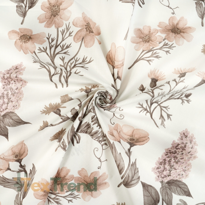 100% Baumwolle mit braunen Blumen auf ecrufarbenem Hintergrund