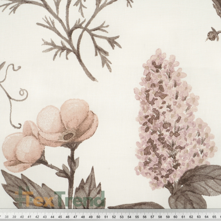 100% Baumwolle mit braunen Blumen auf ecrufarbenem Hintergrund